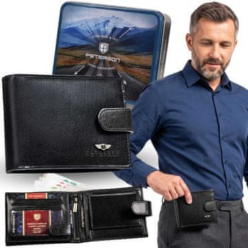 Peterson Peterson RAZŠIRJENA, črna usnjena moška denarnica, varna RFID, v kovinski darilni škatli