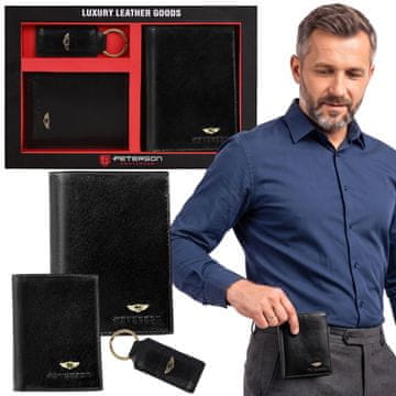 Peterson Peterson DARILNI SET: moška usnjena denarnica, etui za kartice in obesek za ključe, RFID, ZA DARILO