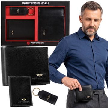 Peterson Peterson DARILNI SET: črna usnjena moška denarnica, etui za kartice in obesek za ključe, RFID, ZA DARILO