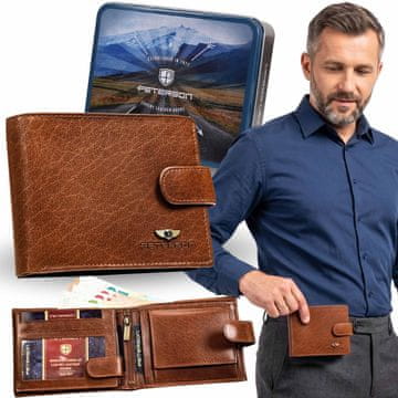 Peterson Peterson Rjava, RAZŠIRJENA, usnjena moška denarnica RFID, NARAVNO USNJE, v kovinski škatli za DARILO