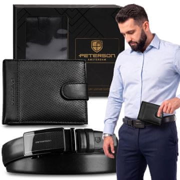 Peterson Peterson DARILNI SET Usnjena Denarnica RFID + moški pas z elegantno zaponko, eleganten