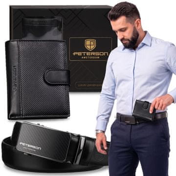 Peterson Peterson DARILNI SET Usnjena Denarnica RFID + moški pas z zaponko z logotipom, eleganten
