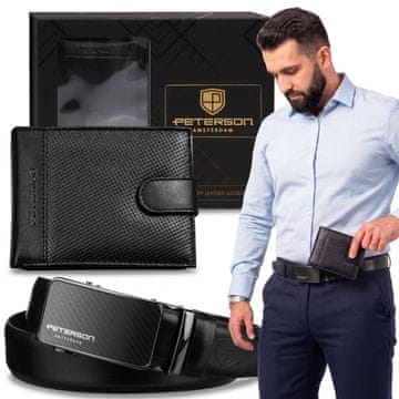 Peterson Peterson Eleganten DARILNI SET Usnjena Denarnica RFID + moški pas z elegantno zaponko