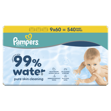 Pampers 99% Water Pure Skin Cleaning vlažilni robčki, 9 x 60 kosov - odprta embalaža