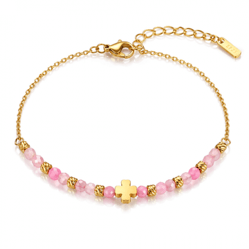 Zapestnica iz kirurškega jekla, pozlačena s 14k zlatom, deteljica, perlice BST1545