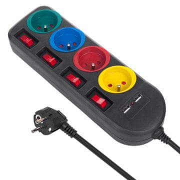 Maclean MCE229 B podaljšek, 4 vtičnice + 2xUSB, s stikali, 250VAC/10A, 2,1A 5V, 1,5 m, črne barve