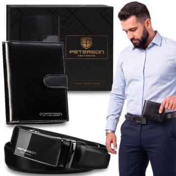 Peterson Peterson DARILNI SET: Usnjena denarnica, VARNA RFID + moški pas za hlače iz NARAVNEGA USNJA