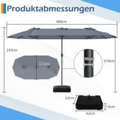 Costway Dvojni senčnik 400x212 cm pravokotni z ročnim mehanizmom siva