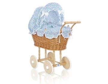 MY SWEET BABY Visok pleten voziček za punčke z modro posteljnino in podlogo NATALIA natural