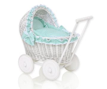 MY SWEET BABY Bel pleten voziček za punčke s potiskačem, mint posteljnino in mehko podlogo CHIARA