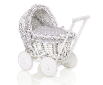 MY SWEET BABY Bel pleten voziček za punčke s potiskačem in sivo posteljnino, mehka podloga CHIARA