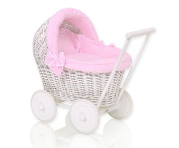 MY SWEET BABY Bel pleten voziček za punčke z roza posteljnino in mehko podlogo STELLA