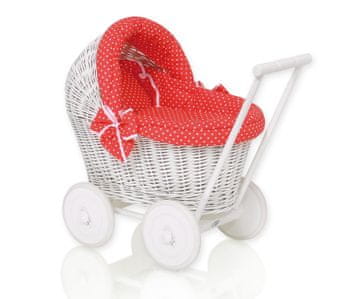MY SWEET BABY Bel pleten voziček za punčke z rdečo posteljnino in mehko podlogo STELLA