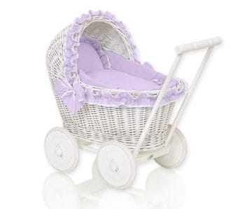 MY SWEET BABY Bel pleten voziček za punčke s potiskačem in vijolično posteljnino, mehka podloga CHIARA