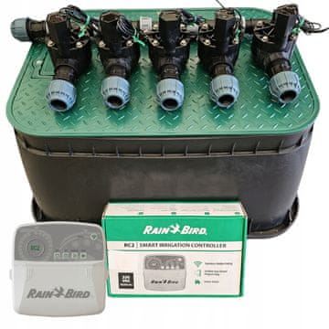 Komplet Rain Bird s 5 postajami: kolenčni razdelilnik, RC2, korito, PE 20