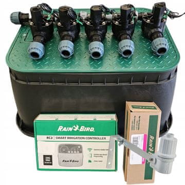 Komplet s 5 postajami Rain Bird: kolenčni razdelilnik, RC2, RSDBex, korito, PE 25
