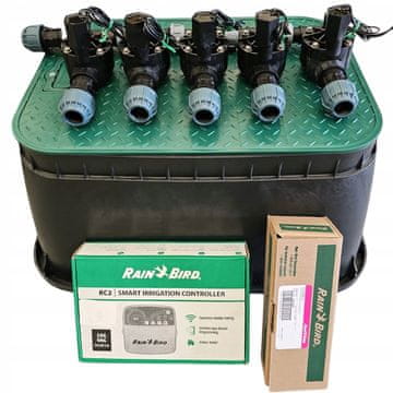 Komplet s 5 postajami Rain Bird: kolenčni razdelilnik, RC2, RSDBex, korito, PE 32