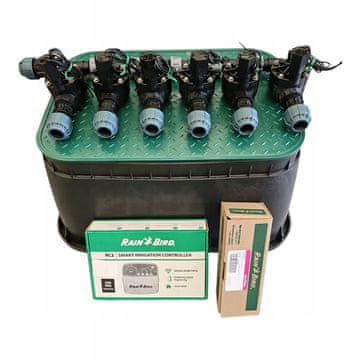 Komplet Rain Bird s 6 postajami: kolenčni razdelilnik, RC2, RSDBex, korito, PE 20