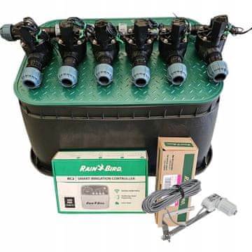 Komplet Rain Bird s 6 postajami: kolenčni razdelilnik, RC2, RSDBex, korito, PE 25