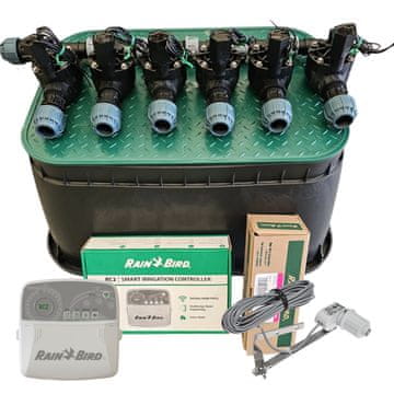 Komplet Rain Bird s 6 postajami: kolenčni razdelilnik, RC2, RSDBex, korito, PE 32