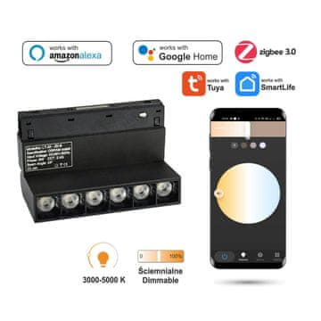 Zigbee Grille 6W LED nastavljiv reflektor črne barve za magnetne tirnice SMART TRACK 48VDC 3000-5000K zatemnljiv