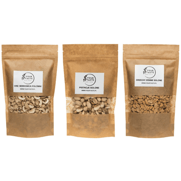 Komplet - soljeni pistacije 500 g + polovice indijskih oreščkov 500 g + soljeni arašidi 500 g
