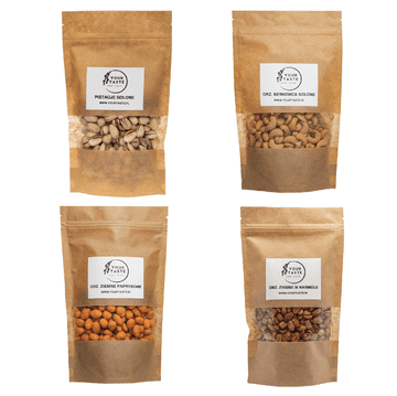 Slani pistacije 500g + slani indijski oreščki 500g + karamelni arašidi 500g + paprika arašidi 500g