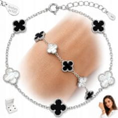 Srebrna ženska zapestnica SILVER Clover Pearl Onix Hand Gift