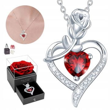 Ženska SREBRNA ogrlica z obeskom, rdeča vrtnica, kubični cirkonij, diamant