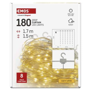 Emos LED božična drop veriga – zavesa, 1,7x1,5 m, zunanja in notranja, topla bela, programi