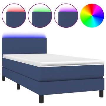 Vidaxl Box spring postelja z vzmetnico LED modra 90x200 cm blago