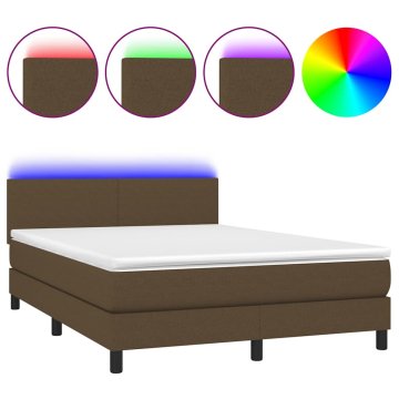 Vidaxl Box spring postelja z vzmetnico LED temno rjava 140x200cm blago