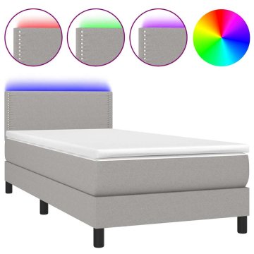 Vidaxl Box spring postelja z vzmetnico LED sv. siva 100x200 cm blago