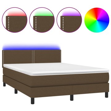 Vidaxl Box spring postelja z vzmetnico LED temno rjava 140x190cm blago