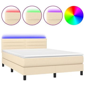 Vidaxl Box spring postelja z vzmetnico LED krem 140x200 cm blago