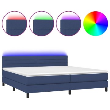 Vidaxl Box spring postelja z vzmetnico LED modra 200x200 cm blago