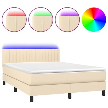 Vidaxl Box spring postelja z vzmetnico LED krem 140x200 cm blago