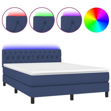 Vidaxl Box spring postelja z vzmetnico LED modra 140x190 cm blago