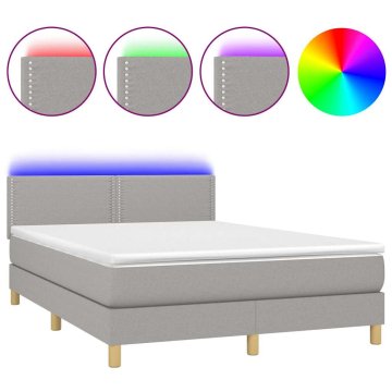 Vidaxl Box spring postelja z vzmetnico LED sv. siva 140x200 cm blago