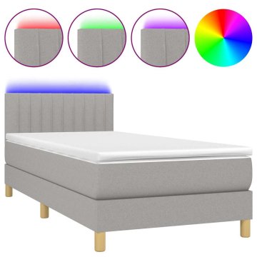 Vidaxl Box spring postelja z vzmetnico LED svetlo siva 90x200 cm blago