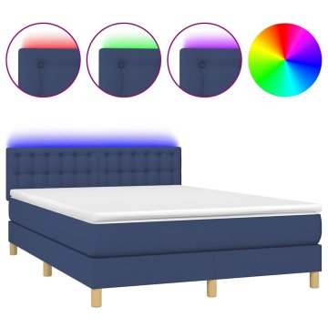 Vidaxl Box spring postelja z vzmetnico LED modra 140x200 cm blago