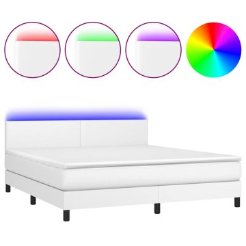 Vidaxl Box spring postelja z vzmetnico LED bela 160x200cm umetno usnje