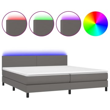 Vidaxl Box spring postelja z vzmetnico LED siva 200x200cm umetno usnje