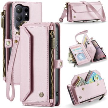 CaseMe Ovitek za Samsung Galaxy S26 Ultra, usnjena denarnica RFID, z naramnim trakom, roza