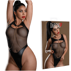 Daring! Bodi iz mrežastega in mokrega videza z verižico in visokim pasom - L/XL