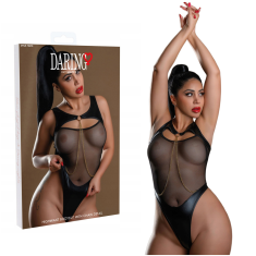 Daring! Bodi iz mrežastega in mokrega videza z verižico in visokim pasom - L/XL