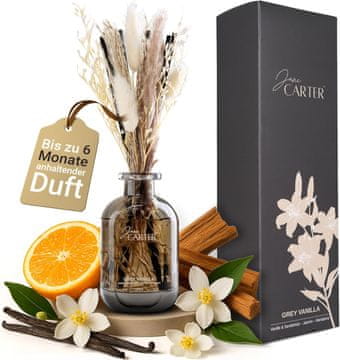 Nikcorp Dišavni difuzor s palčkami Grey Vanilla 150 ml, siva steklenička, luksuzna aroma vanilije, sandalovine, jasmina in mandarine za dom, pisarno ali spalnico, eleganten dekorativni set za sprostitev