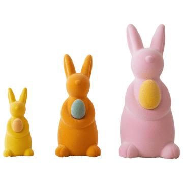 Velikonočni zajčki set 3 kom z jajčki, dekorativne figurice iz flokirane plastike, pastelne barve roza rumena oranžna, žametna tekstura, spomladanska dekoracija za dom, mizo in velikonočne aranžmaje