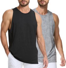 Moška majica brez rokavov tank top komplet 2 kosa za trening črna siva velikost S, 92% poliester 8% elastan, hitro sušeča žakardna mrežasta tkanina, muscle fit kroj, stranski zarezi