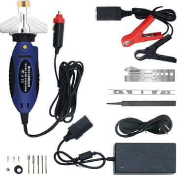 Električni brusilnik za verige motornih žag 12V 55W, 25000 vrt./min, nastavljiv kot brušenja 25-35 stopinj, set s 5 brusilnimi kamni različnih premerov, bakreno navitje, črne barve, vključuje
